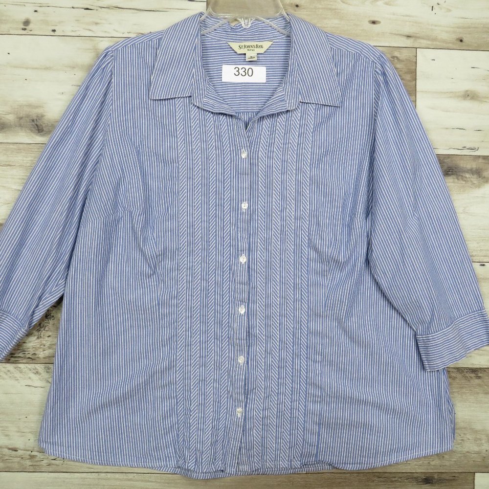 St. John's Bay* Women's 3/4 Sleeve Button Down Shirt‎ Size 1X Blue/White Stripes